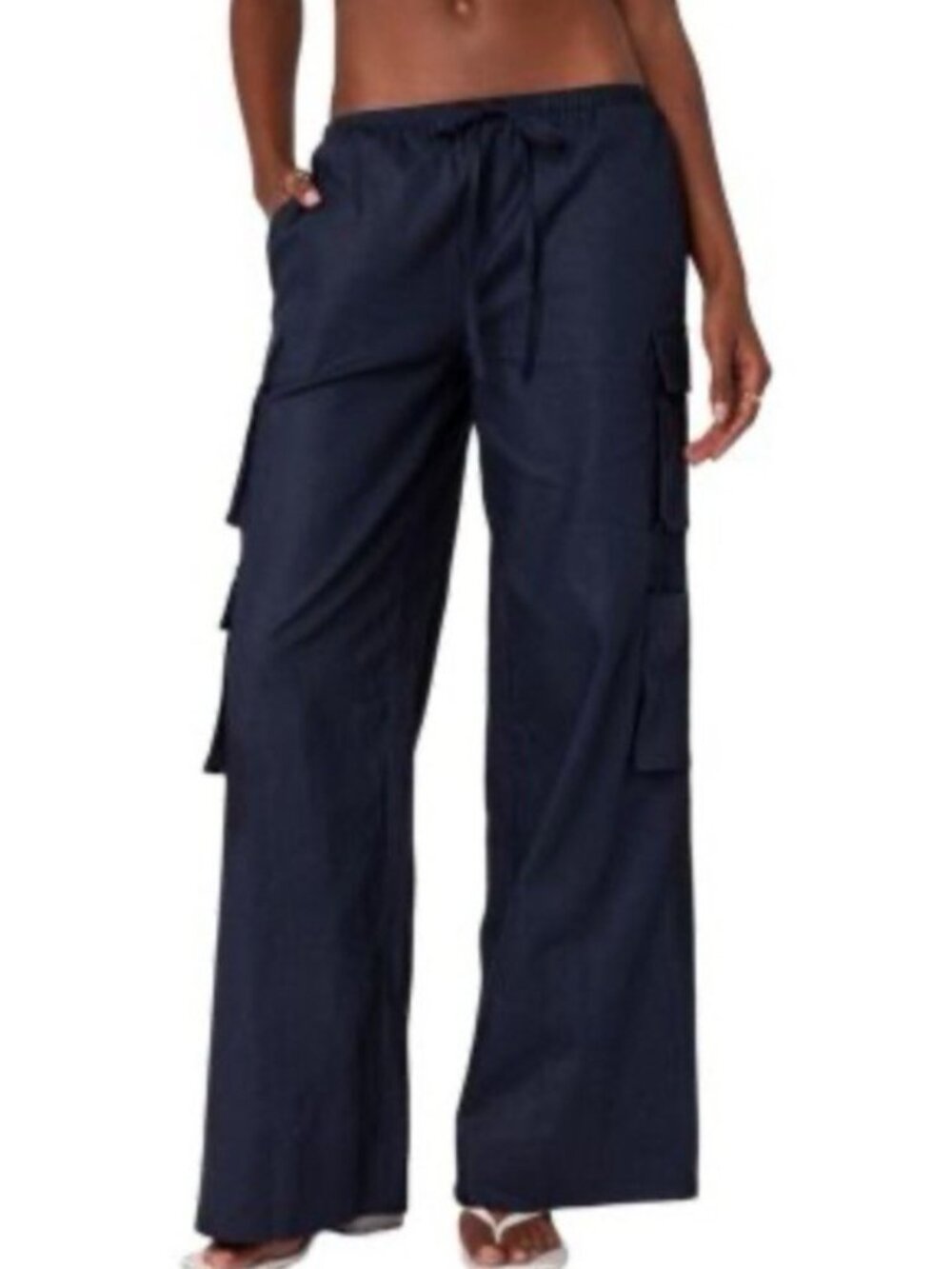 Edikted Phoenix Linen Blend Utility Cargo Pants Navy Small Drawstring Wide Leg